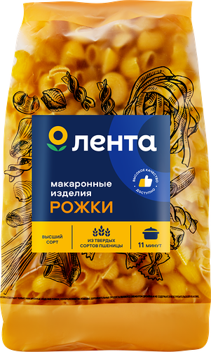 Макароны ЛЕНТА Рожки группа А, высший сорт, 450г