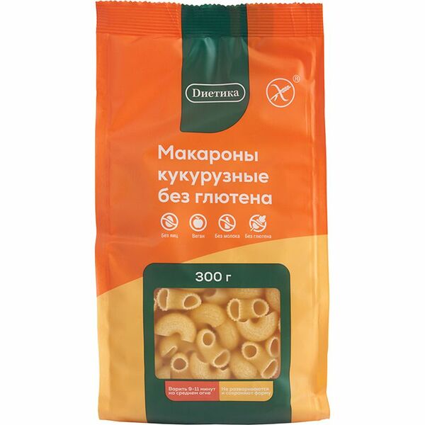 Макароны Диетика Рожок средний из кукурузной муки без глютена 300 г