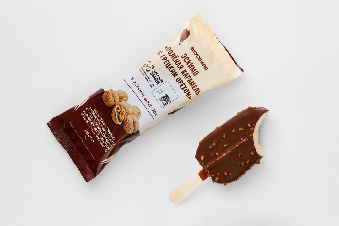 

Мороженое сливочное ВкусВилл Эскимо Соленая карамель с грецким орехом в темном шоколаде 80 г