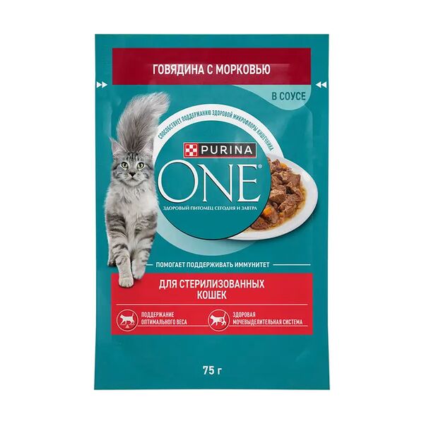 Влажный корм стерилизованных кошек и кастрированных котов, PURINA ONE, с говядиной и морковью, 75 г