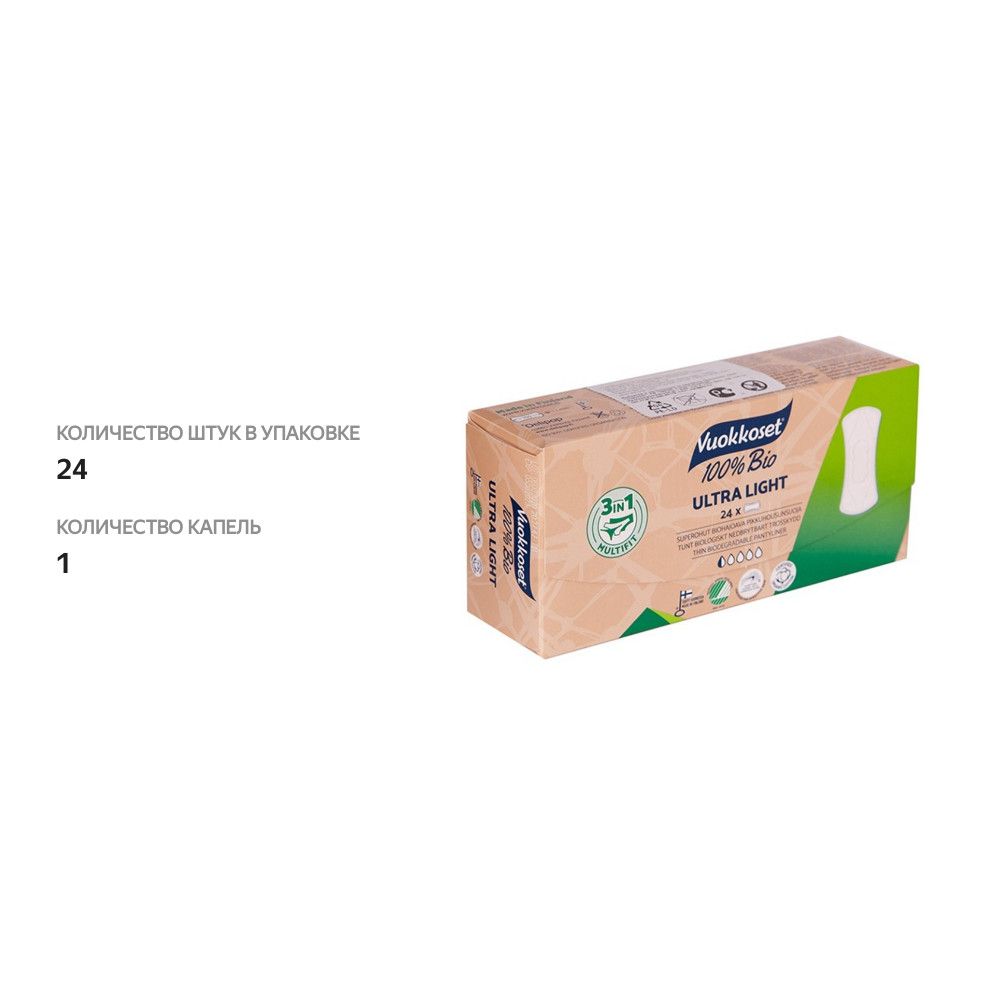 

Прокладки ежедневные 100% bio Ultra Light Normal, Vuokkoset, 24 шт., Финляндия