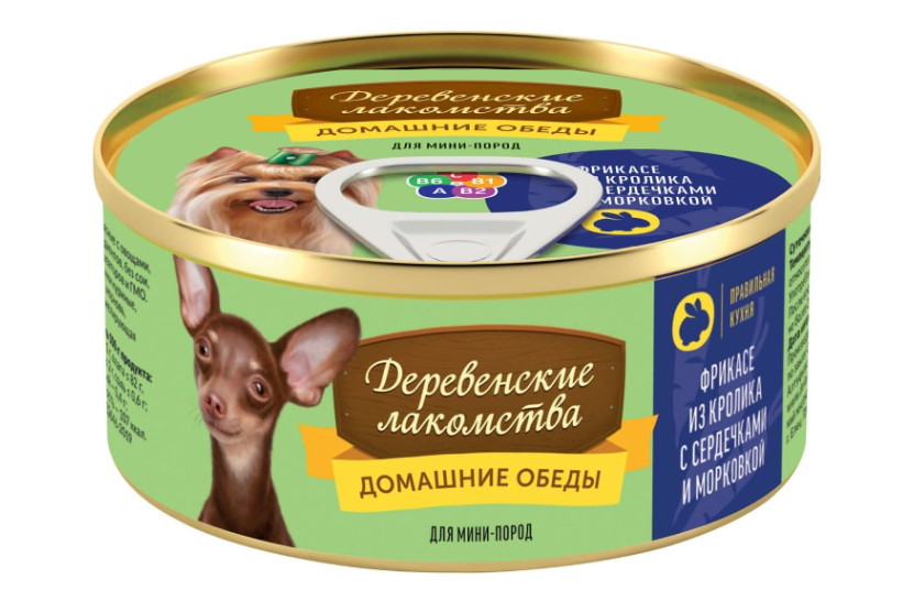 

Консервы для собак Деревенские лакомства Домашние обеды фрикасе из кролика с сердечками и морковью 100 г