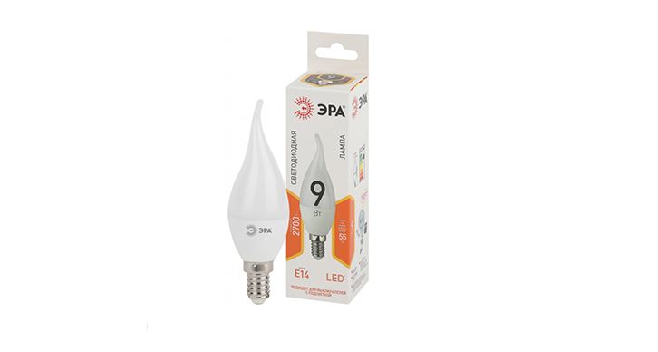 

Лампа светодиодная Эра LED smd BXS 9Вт свеча на ветру теплый свет цоколь Е14 АТЛ