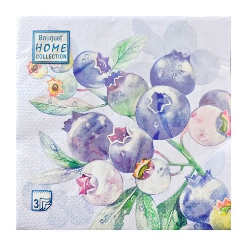 Салфетки Bouquet Home Черника Голубой фон 33x33 см 3 слоя 20 шт.