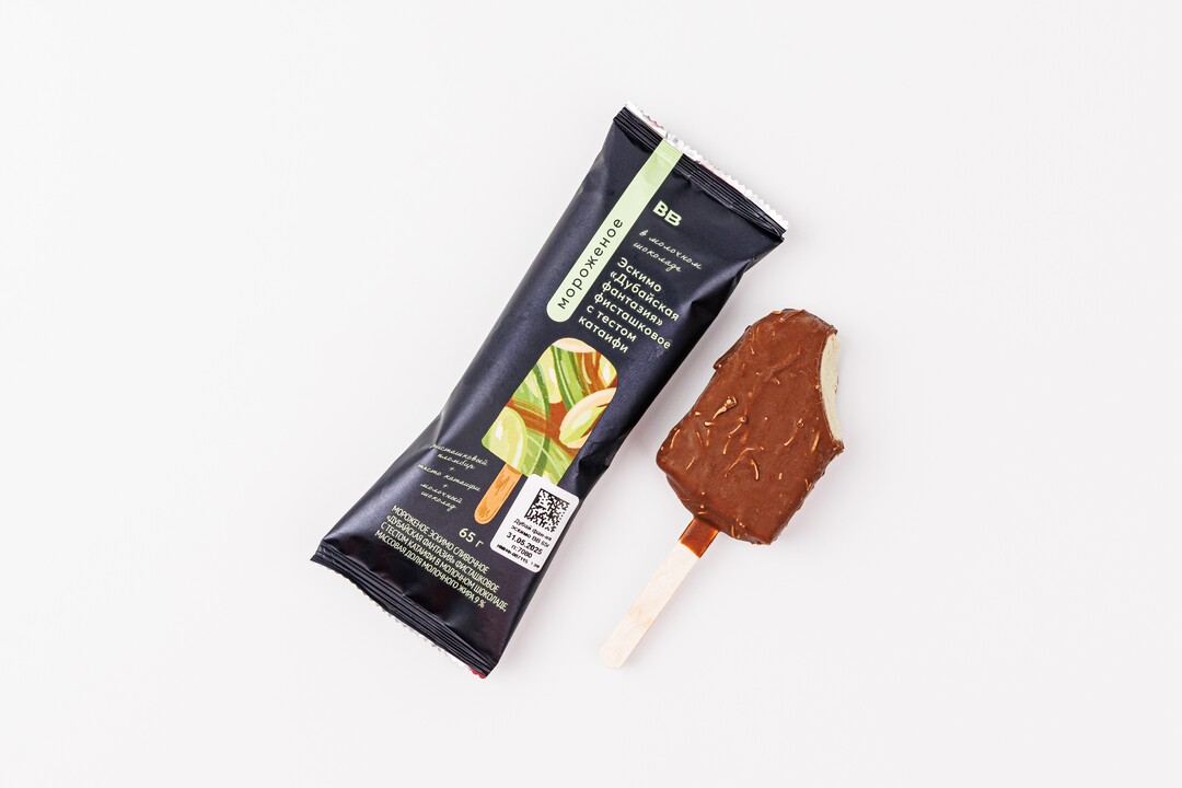 

Мороженое ВкусВилл эскимо Дубайская фантазия фисташковое с тестом катаифи в молочном шоколаде 65 г