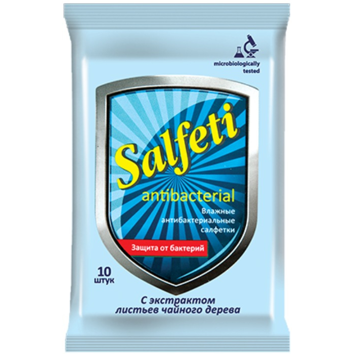 

Салфетки влажные Salfeti Antibacterial с экстрактом листьев чайного дерева 10 шт