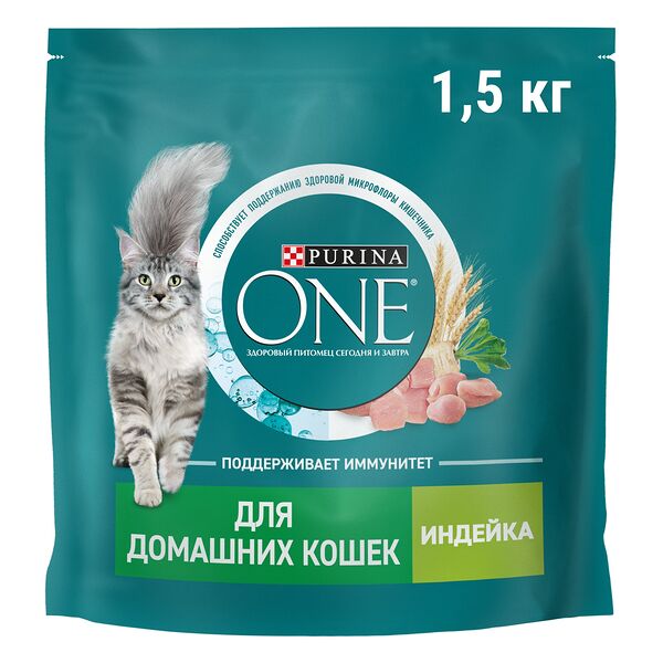 Корм сухой Purina One для взрослых кошек при домашнем образе жизни с индейкой и цельными злаками 1.5 кг
