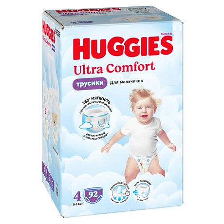 Подгузники-трусики Huggies Ultra Comfort для мальчиков №4 9-14 кг, 92 шт.