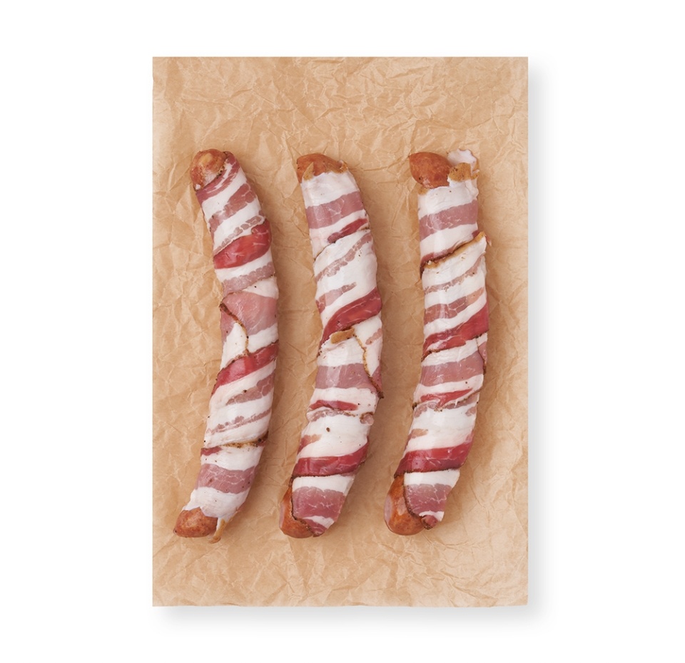 

Сосиски Мясо.Соль.Специи варёно-копчёные в беконе вес