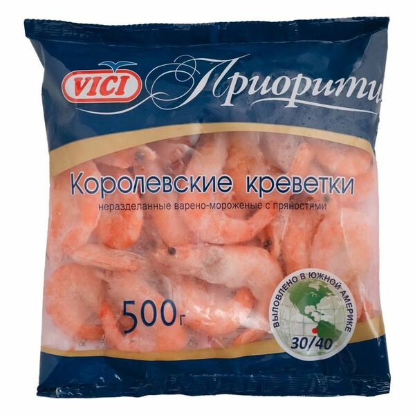 Креветки Vici Королевские 30/40 в панцире варено-мороженые 500 г