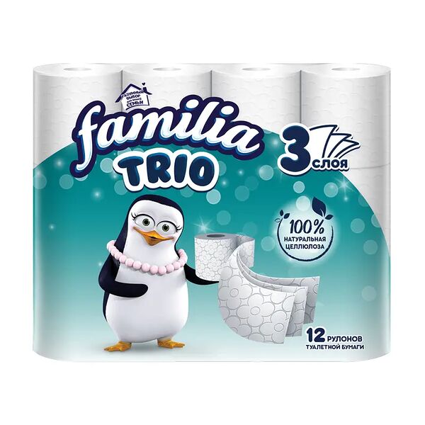 Туалетная бумага, Familia Trio, 3 слоя, 12 рулонов