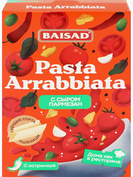 Изделия макаронные BAISAD Перья с вложением томатно-сырного соуса Арабьята группа А высший сорт 270 г