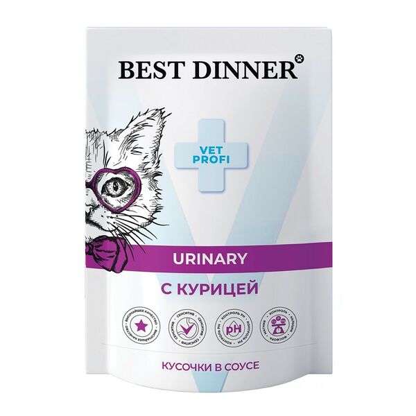 Влажный корм Best Dinner Exclusive Vet Profi Urinary для кошек кусочки в соусе с курицей, для профилактики МКБ, 85 г