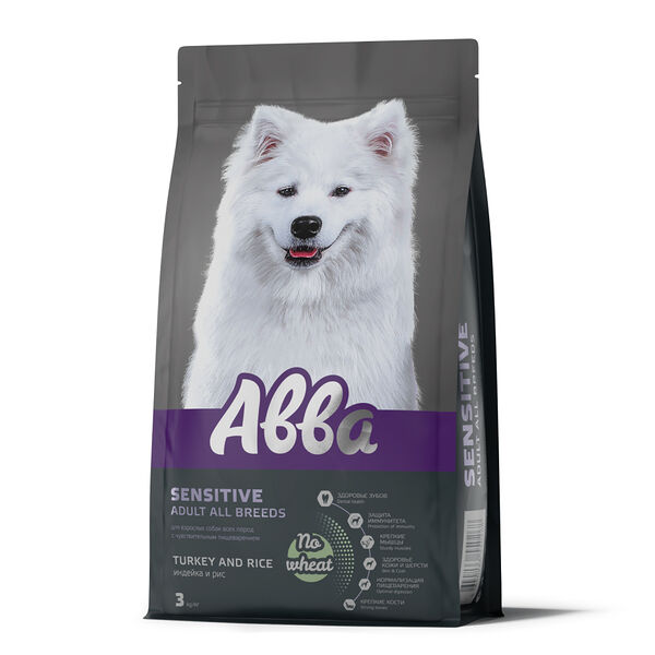 Корм сухой Aвва для собак с чувствительным пищеварением, склонных к аллергии, индейка и рис 3 кг