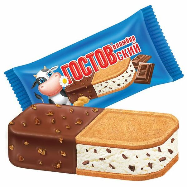 Мороженое ГОСТОВСКИЙ Пломбир ванильный с крошкой из шоколадной глазури и печеньем с арахисом, без змж, сэндвич, 90 г