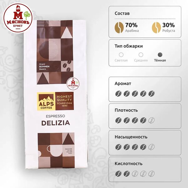 Кофе в зернах от КуулКлевер Alps Coffee Делиция Италия 1000 г