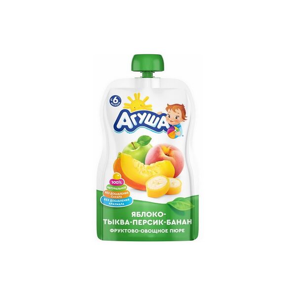Пюре фрукт-овощ Агуша Pouch-pack из яблока тыквы персика и банана 90 ДП