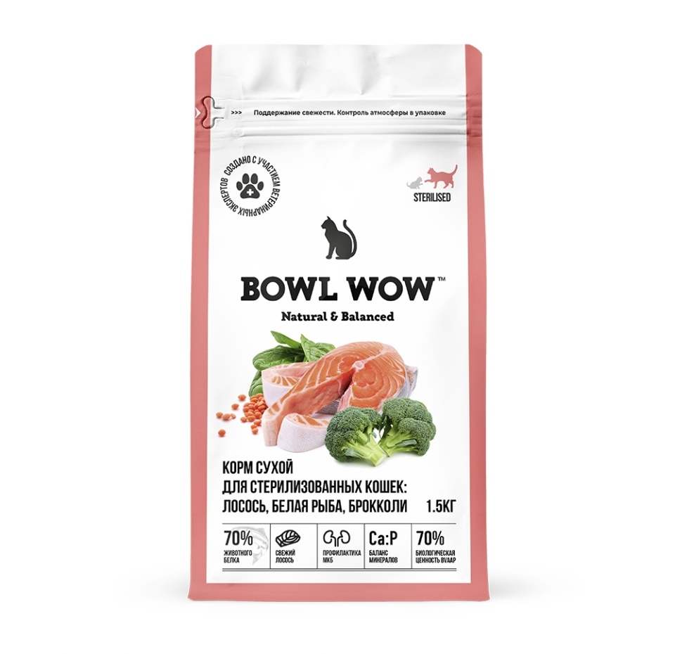 

Корм сухой полнорационный Bowl Wow с лососем, белой рыбой и брокколи для стерилизованных кошек 1.5 кг