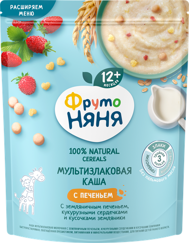 

Каша ФрутоНяня С кусочками мультизлаковая молочная с бананом, кукурузными хлопьями и клубникой с 1 года 200 г