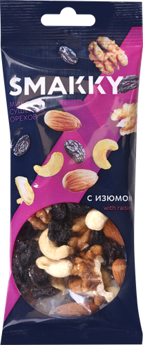 

Смесь фруктово-ореховая Smakky микс сушеных орехов и изюма 50 г
