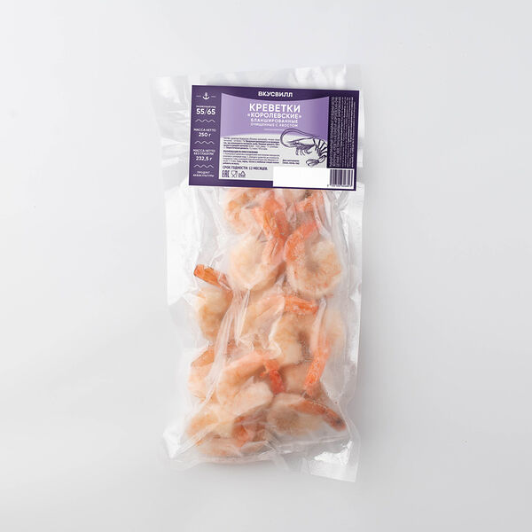 Креветки Королевские очищ. с хвостом бланш. 55/65 (Продукт замороженный), 250 г