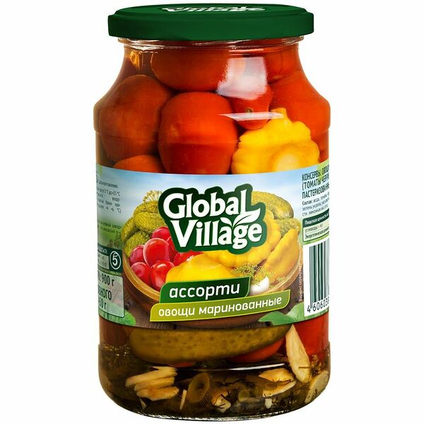Ассорти Global Village маринованное патиссоны, черри, огурцы
