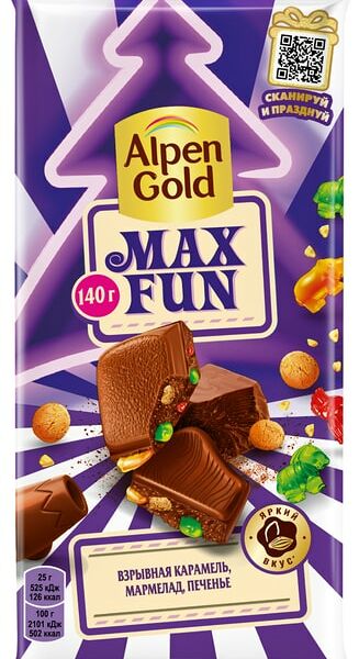 Шоколад Alpen Gold Max Fan Молочный Взрывная карамель Мармелад Печенье140г