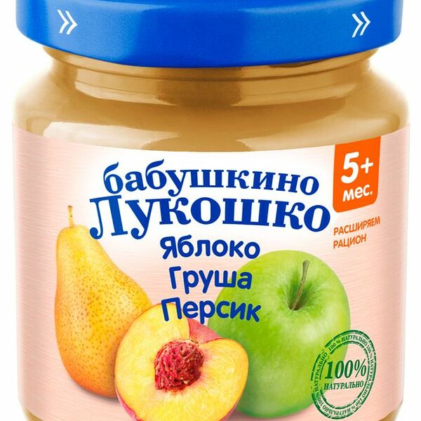 Пюре Бабушкино Лукошко яблоко-груша-персик с 5 месяцев, 100 г