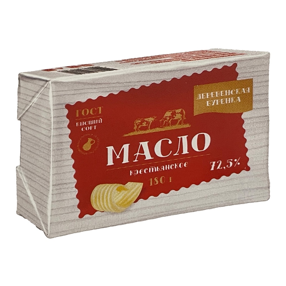 

Масло Деревенская Буренка сливочное Крестьянское высшего сорта 72.5% 180 г