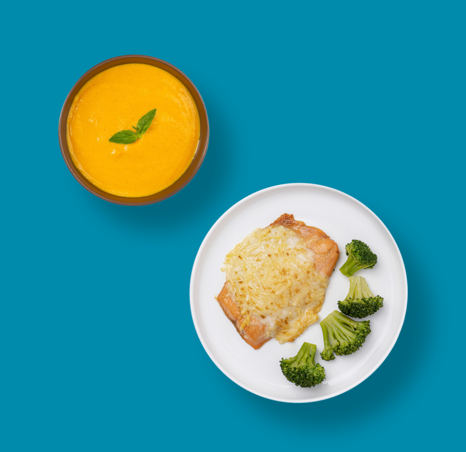 

Крем-суп «Марокканский» из тыквы «Уже готово» 270 г, + Горбуша филе-кусок без кожи под сырной шапкой Азбука Life 195 г