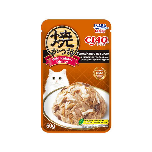 Влажный корм для кошек Inaba Ciao Yaki Katsuo Dinner Тунец Кацуо на гриле с морским гребешком со вкусом бульона даси 50 г