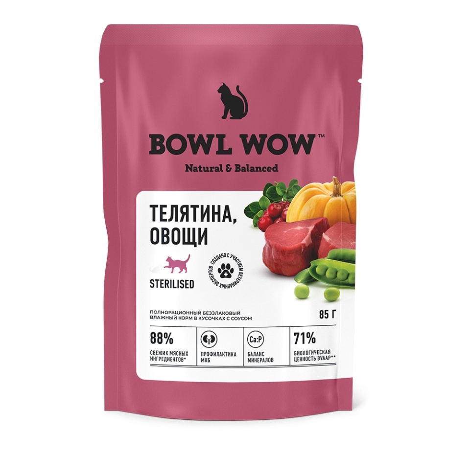 

Влажный корм Bowl Wow для стерилизованных кошек телятина с овощами 85 г
