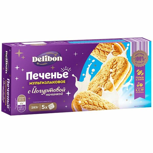 Печенье Delibon сахарное витаминизированное со злаковыми хлопьями и йогуртовой начинкой, 283г