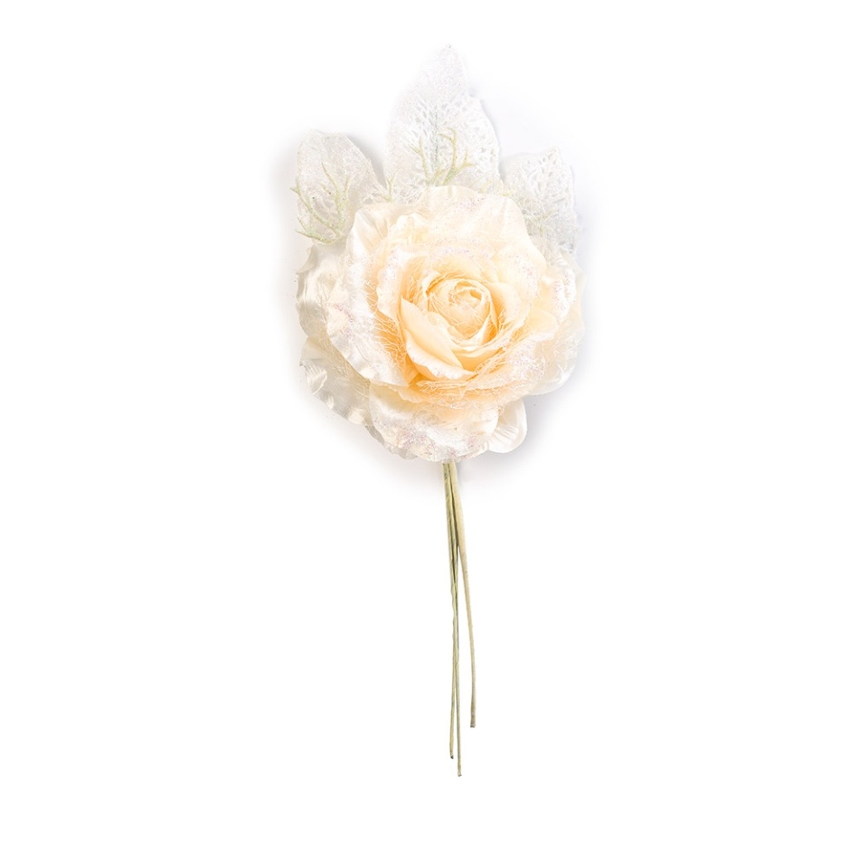 

Декор для елки Роза кремовая с листьями блестящая 30 см