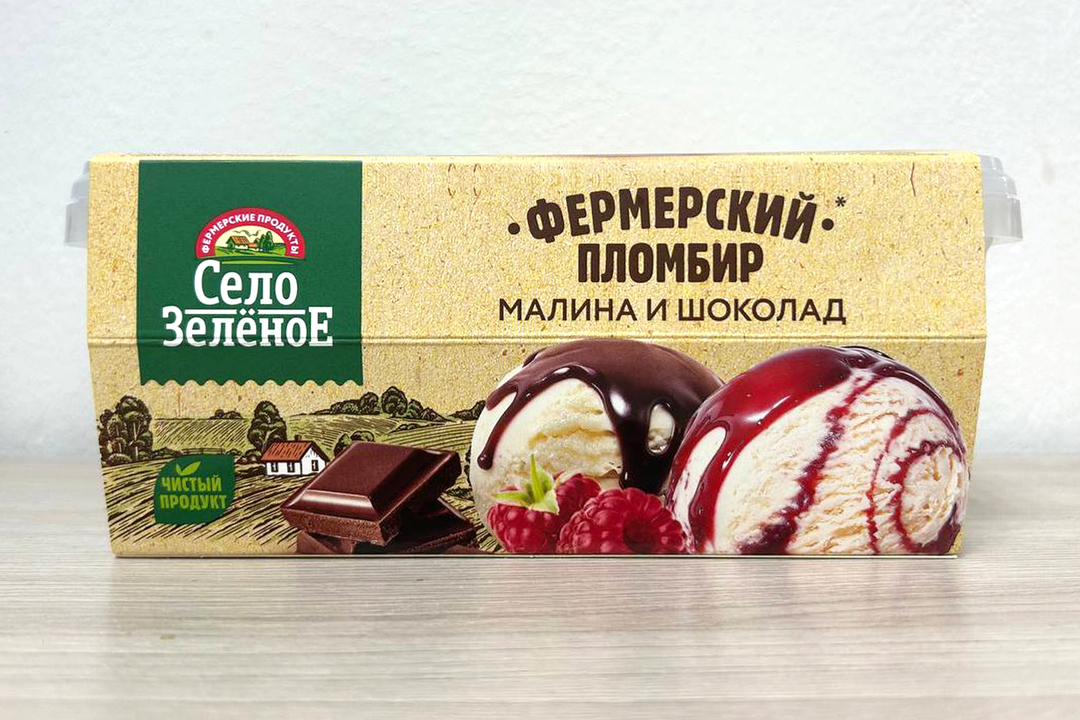 

Мороженое Село Зелёное пломбир с ароматом ванили с малиной и шоколадным топпингом 15% 450 г