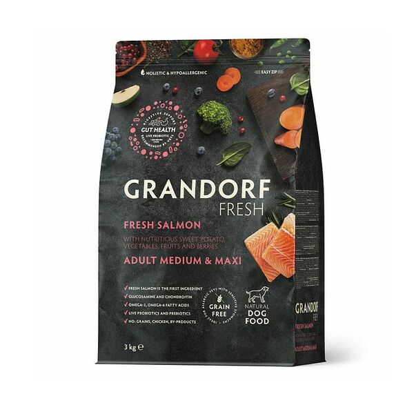 Сухой корм для собак Grandorf Fresh Dog Med&Maxi для средних и крупных пород, свежее филе лосося с бататом 3 кг