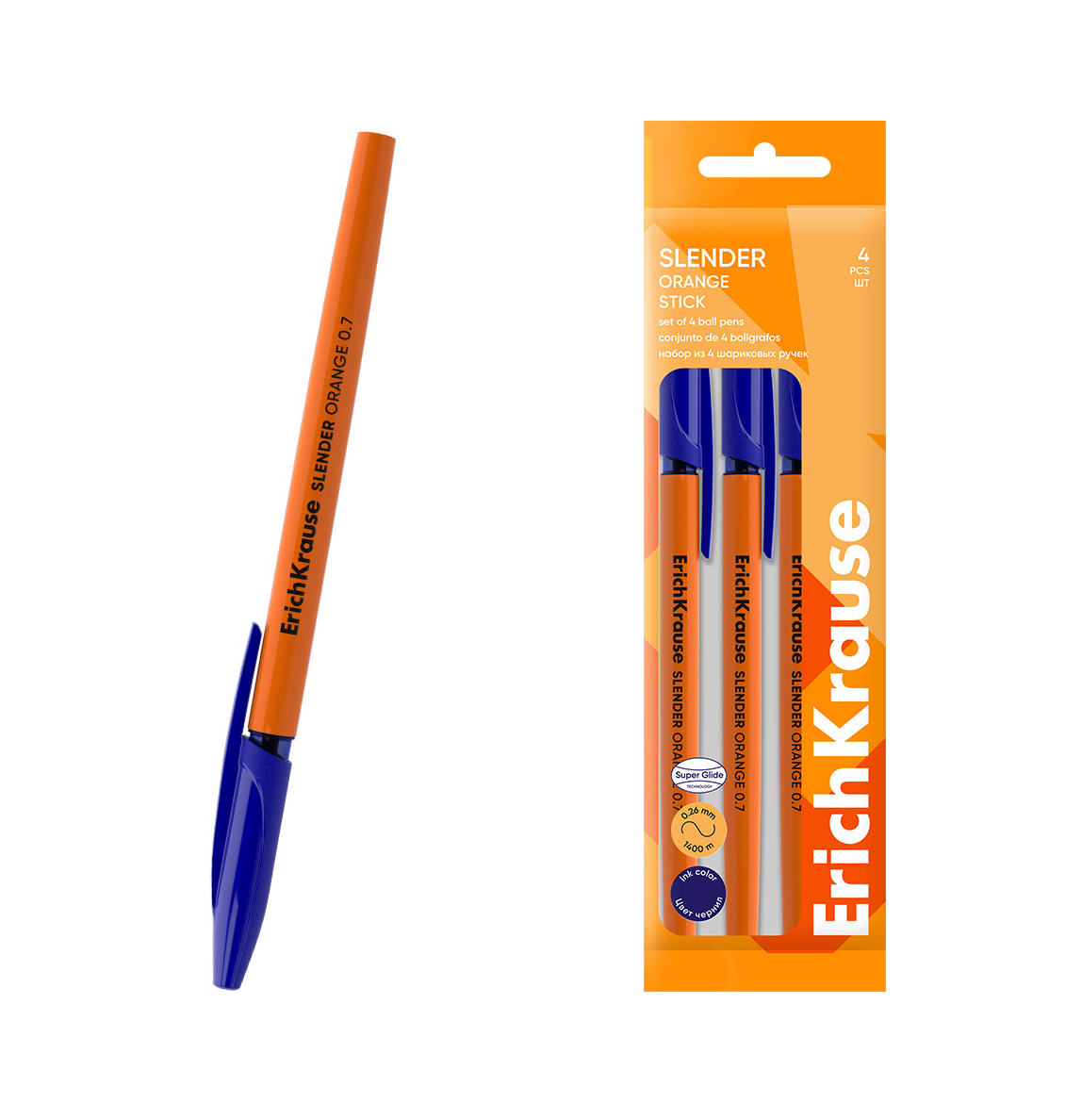 

Набор ручек ErichKrause Slender Stick Orange шариковых синих 0.7 мм 4 шт. в упаковке