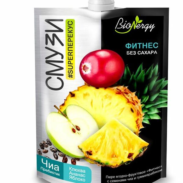 Пюре ягодно-фруктовое BioNergy Смузи Фитнес с семенами чиа и гуммиарабиком без сахара, 120 мл