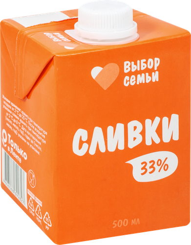 

Сливки ультрапастеризованные Выбор Семьи 33% без змж 500 мл