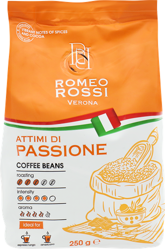 Кофе зерновой Romeo Rossi Attimi Di Passione натуральный жареный с кофеином 250 г