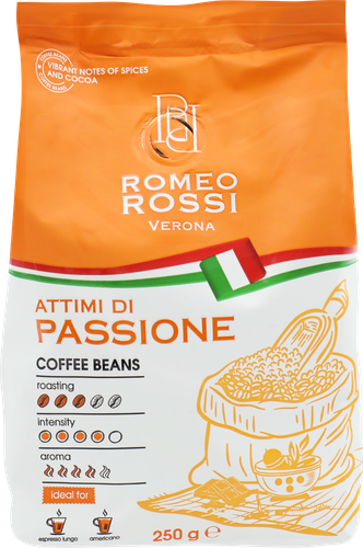 

Кофе зерновой Romeo Rossi Attimi Di Passione натуральный жареный с кофеином 250 г