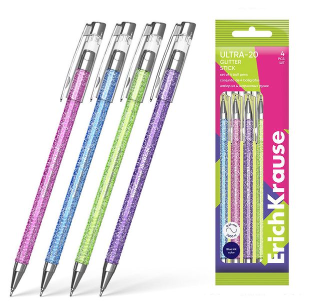 

Набор шариковых ручек Erich Krause Ultra-20 Stick Glitter цвет чернил синий, 4 шт