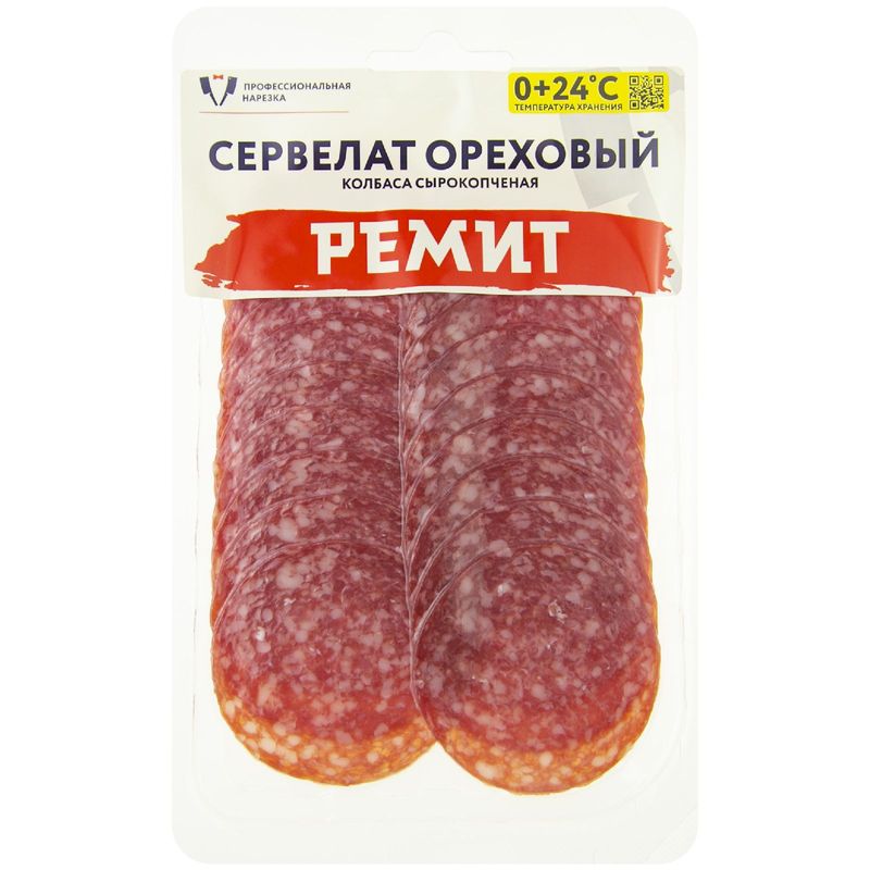 

Сервелат сырокопчёный Ореховый Ремит полусухой нарезка 70 г