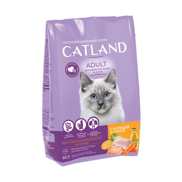 

Корм сухой для взрослых кошек Catland с курицей и уткой полнорационный 350 г
