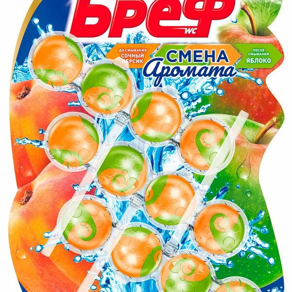Туалетный блок Бреф Смена Аромата, Cочный персик, яблоко 3 шт