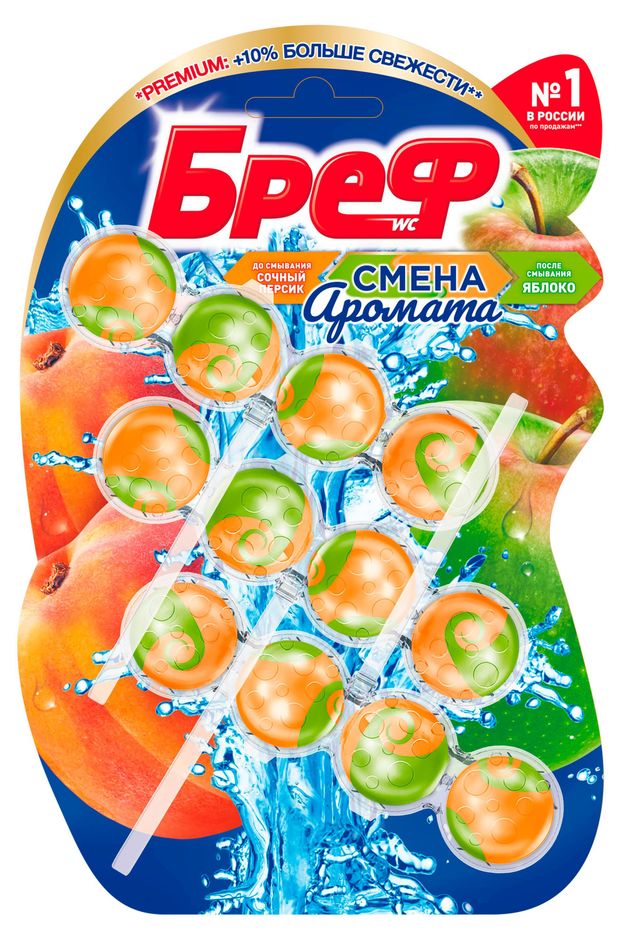 

Туалетный блок Бреф Смена Аромата, Cочный персик, яблоко 3 шт