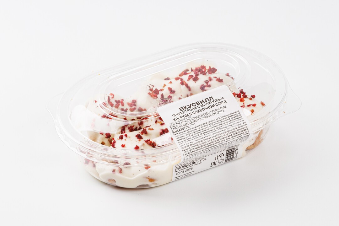 

Профитроли ВкусВилл с малиновым кремом в сливочном соусе 170 г