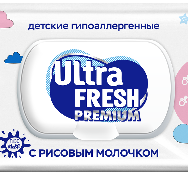 Салфетки влажные для чувств кожи Ultra Fresh Premium BABY с рисовым молочком 60шт