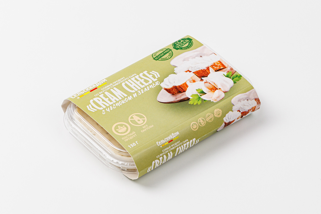 

Растительный аналог сыра мягкий Сельский Дом Крем Чиз соевый с чесноком и зеленью 150 г