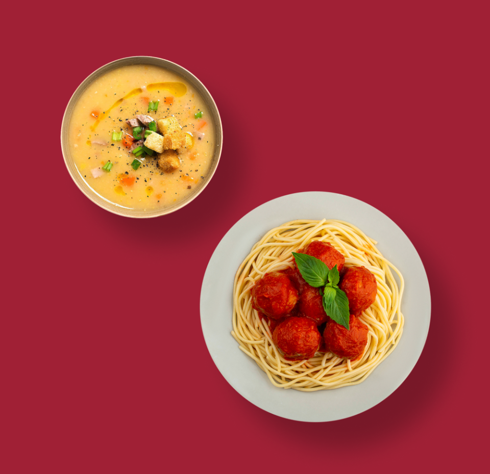 

Суп гороховый с копченостями 270 г + Фрикадельки из телятины со спагетти «Уже готово» 320 г, Россия